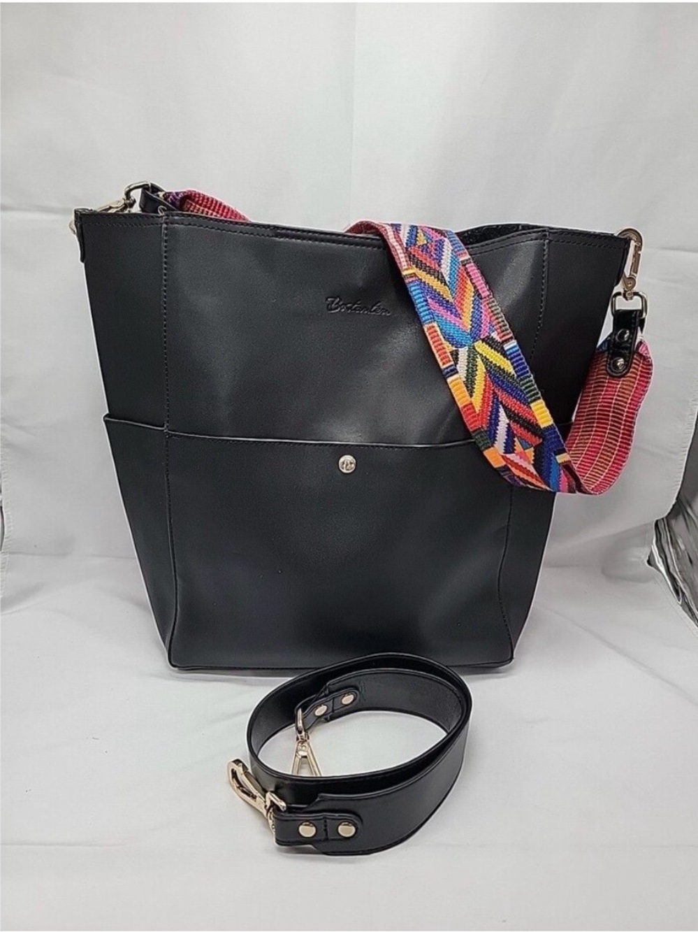 Bostanten Gray leather Hobo Tote Bag with extra Multicolor Strap NWT